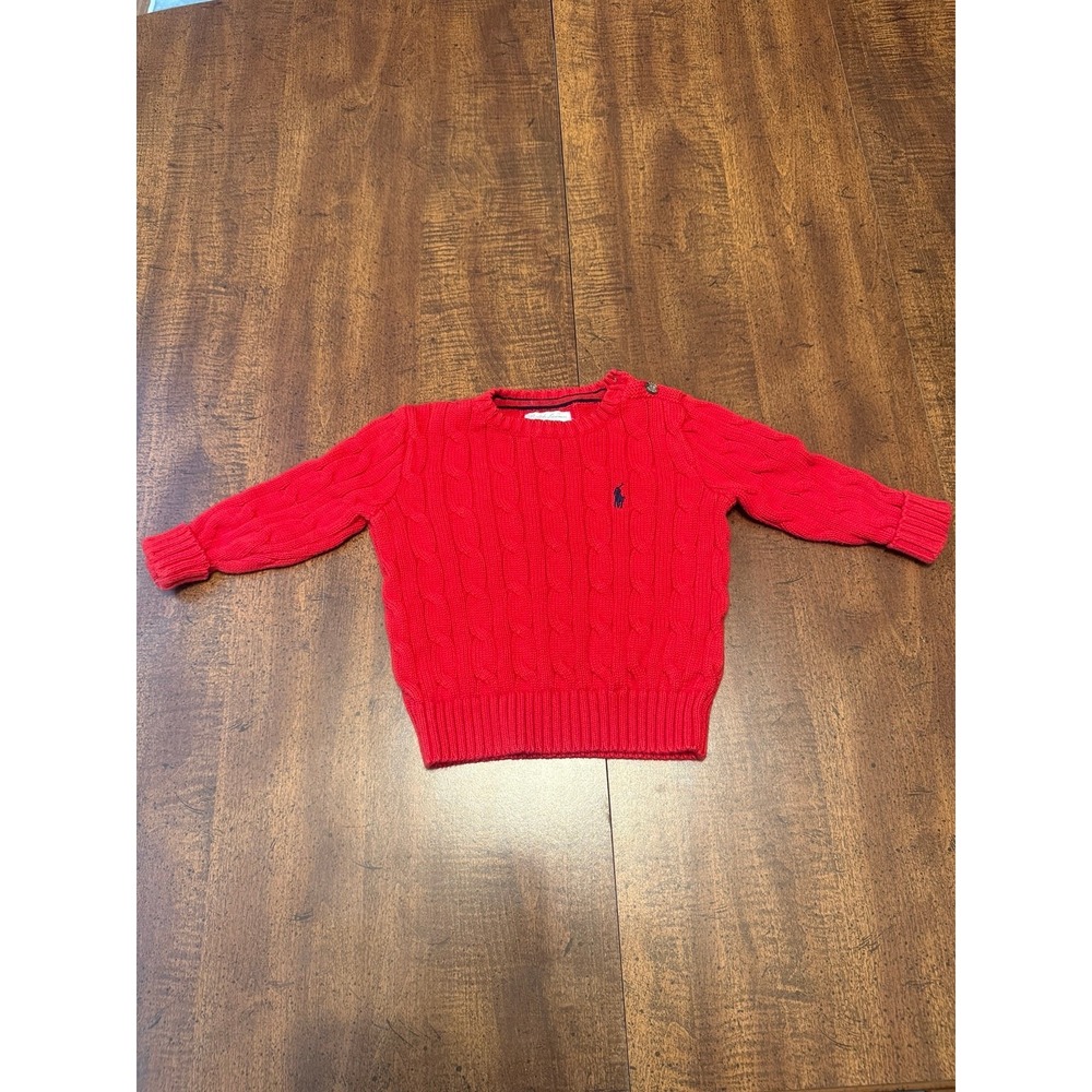 Ralph Lauren Baby 12M Red Cable Knit Cotton Pullover Sweater Pony Logo